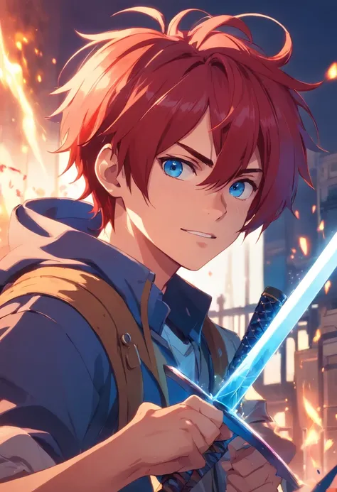 1 boy, battlefield, Red hair, blue eyes, goblin, pointy ears, bloody, smirk, fantasy, hero, sword