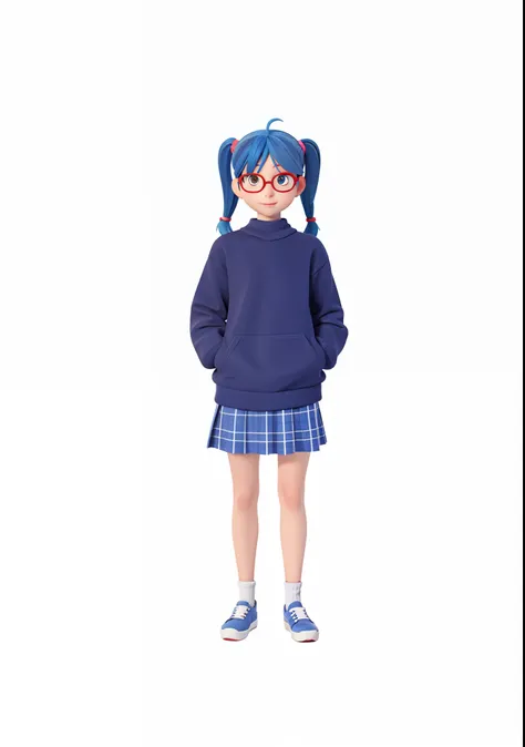 cartoon girl in a blue sweater and plaid skirt with glasses, single character full body, full body single character, young anime girl, nagatoro, flat anime style, anime moe artstyle, magical school student uniform, anime full body illustration, an anime gi...