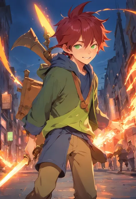 1 boy, battlefield, Red hair, blue eyes, ((goblin)), pointy ears, bloody, smirk, fantasy