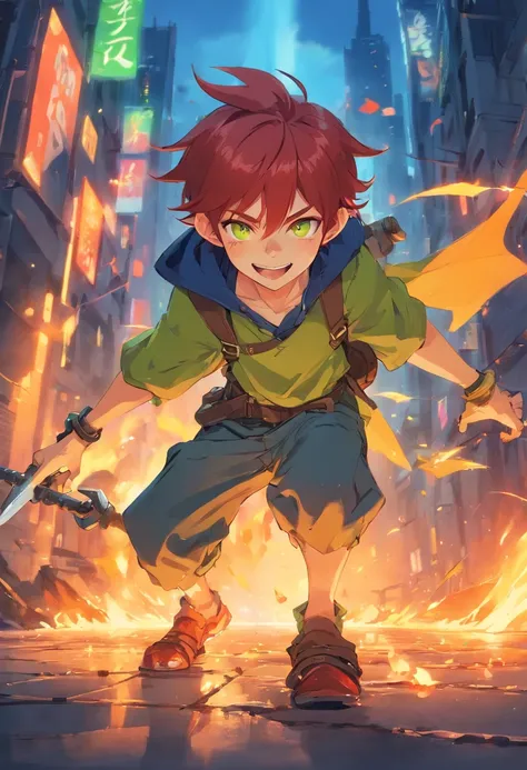 1 boy, battlefield, Red hair, blue eyes, ((goblin)), pointy ears, bloody, smirk, fantasy