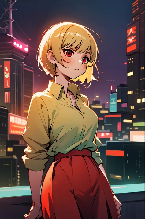 Anime Girl, Blonde Haired, Pixie Cut, Red Eyes, White Blouse, Red Skirt, Night City Background, Concert Lighting, 4K Resolution, --auto --s2