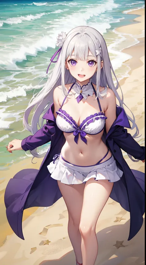 slim legs, cleavage, short skirt, navel, purple eyes, emilia, stand, White hair, long hair, side tie bikini, beach, happy