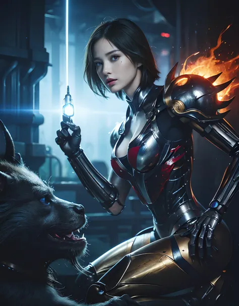 (1 Mechanical Girl)、top-quality、​masterpiece、超A high resolution、(Photorealsitic:1.4)、Raw photo、女の子1人、Fight mutants、glowy skin、(((1 Mechanical Girl)))、With a beautiful knife、（Green Metal Bodysuit）、(Kobold、ogre、Fierce battle with orcs),（Fight fiercely agains...