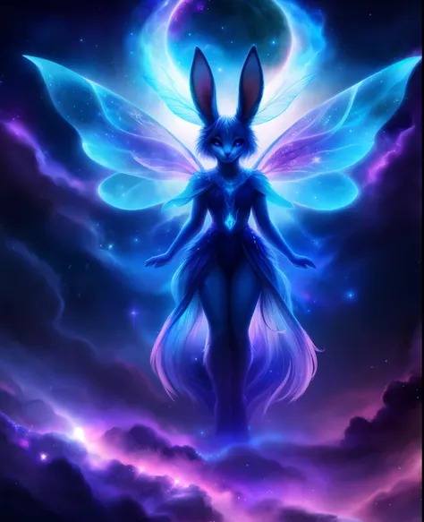 a fantasy hybrid creature,fairy bunny, symmetrical wings, nebula, sparkling colors, purple and blue, highly detailed, beautiful lighting, ethereal, mystical, 8k, vibrant colors, beautiful backlighting,