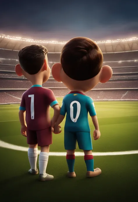 disney pixar type character of cristiano ronaldo and messi looking towards eachother with "vs" sign written between them. backgrond of qatar stadium with a worldcup. poster ,3d render , cinematic