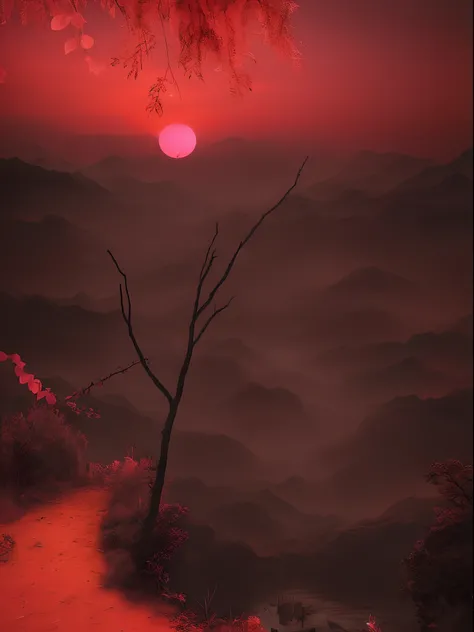 New Chinese style sunset and pink lines by Byard Wu and Marc Simonetti and George Inness, in an ominous resonant monochrome artwork style, Felicia Simion, Digital Art Technology Light Black and Magenta, Tumbling Wave Black and Orange – Q2 – S750 – V 5.