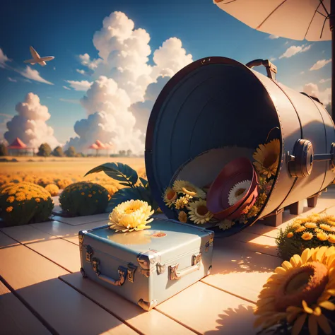 There is a suitcase with a straw hat, Clouds, Atmosphere, Leaves, Chrysanthemums floating in the air, paper airplane, (miniture: 1.2), 2.5d illustration, 3D Rendering, 3D Modeling, Bubble Mat, Behans 3D Art Trends, Behans 3D Art Trends, 3d illustration, 3d...