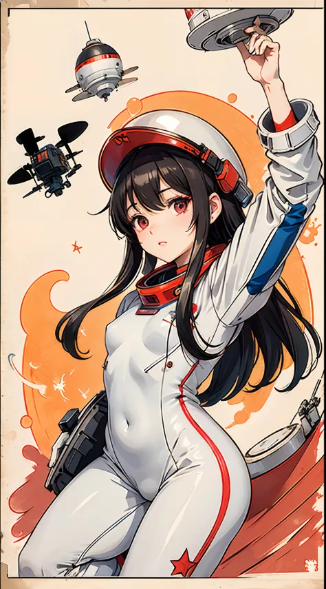 drone、1boys、flat breast、cute little、beatiful detailed eyes、Shiny hair、visible through hair、hairs between eyes、CCCPposter、USSR poster、red monochrome、USSR poster、soviet union、communism、A dark-haired、Akame、Vampires、Teen、small tits、space suits:Orange clothing ...