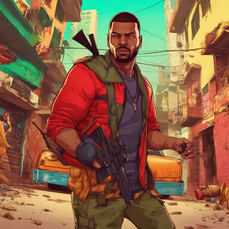 um homem com uma roupa vermelha em uma favela, segurando um rifle, (rosto e corpo extremamente detalhados), cores vibrantes, (retrato), tom de cor vermelha, dramatic lighting, (melhor qualidade, ultra-detalhado, Altas), Realistic