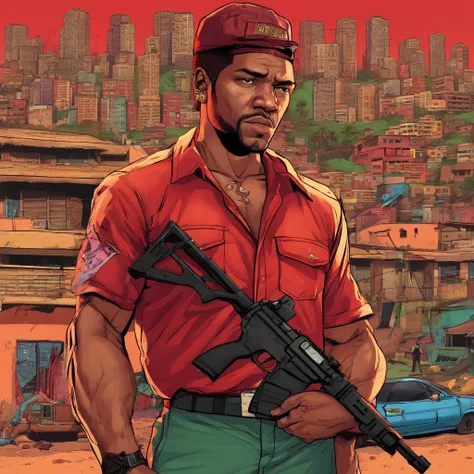 um homem com uma roupa vermelha em uma favela, segurando um rifle, (rosto e corpo extremamente detalhados), cores vibrantes, (retrato), tom de cor vermelha, dramatic lighting, (melhor qualidade, ultra-detalhado, Altas), Realistic