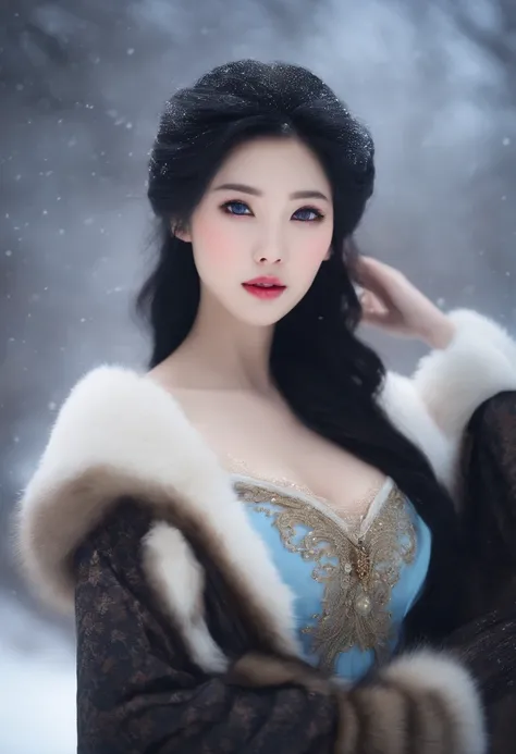 best quality, masterpiece, black hair, blue eyes, profile, upper body, asian, cute, big boobs, winter