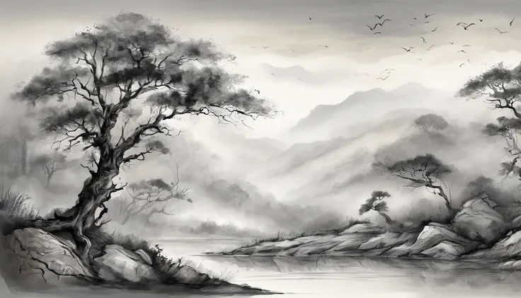 Dead vines，old trees，Woat，small bridges，flowingwater，Family，Road，zephyr，Skinny horse，Sunset，Broken intestines are at the end of the world，Black and white ink painting，Black and white gray，（Chinese landscape painting），（ink and watercolor painting），（8k wallp...