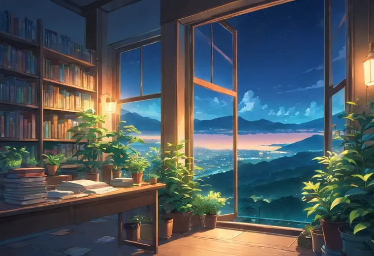 An up-close photo of a large window full of plants and books overlooks a breathtaking landscape and beautiful nature, night time