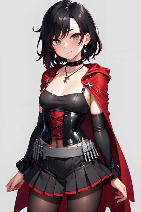 (Masterpiece, Best Quality:1.2), Cowboy shot, age progression, short, 1girl,black colored hair, short hair, smile, closed mouth, looking a viewer, black shirt, corset, black pleated skirt, pantyhose, red cloak, Jewelry, necklace, earrings, small-breasts, s...