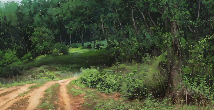 There is a dirt road，There is a fence and a tree, next to farm fields and trees, with a few vines and overgrowth, The vegetation is dense, jungles in the background, Overgrown with weeds, looking partly to the left, hills in the background, lot of vegetati...