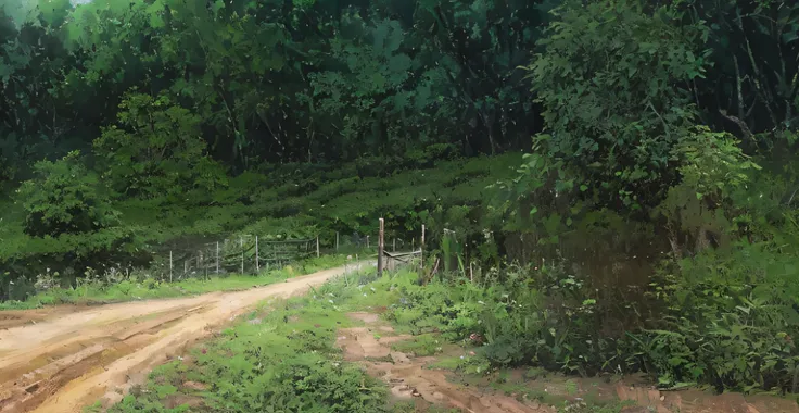 There is a dirt road，There is a fence and a tree, next to farm fields and trees, with a few vines and overgrowth, The vegetation is dense, jungles in the background, Overgrown with weeds, looking partly to the left, hills in the background, lot of vegetati...