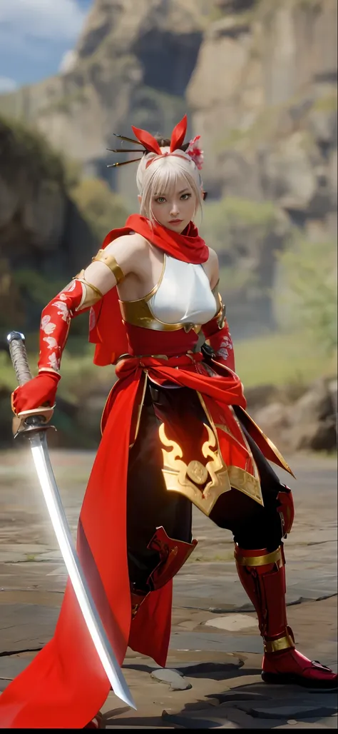 a beautiful woman with silver hair and light blue silver eyes in a red outfit holding a katana sword, fighting game character, as a character in soul calibur, kitsune inspired armor, white and red clothing, dramatic wielding sword pose, samurai ninja outfi...