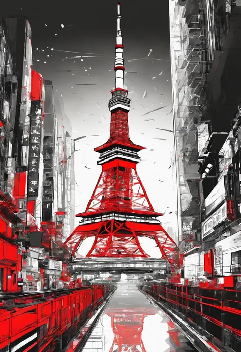 Monochrome urban、Tokyo Tower glowing bright red