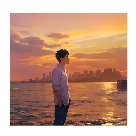 there is a man standing on the beach looking out at the water, profile pose, photo taken in 2 0 2 0, distant full body view, during sunset, sun behind him, taken at golden hour, from slumdog millionaire, with sunset, with a city in the background, profile ...