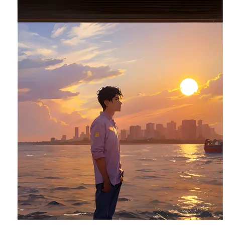 there is a man standing on the beach looking out at the water, profile pose, photo taken in 2 0 2 0, distant full body view, during sunset, sun behind him, taken at golden hour, from slumdog millionaire, with sunset, with a city in the background, profile ...