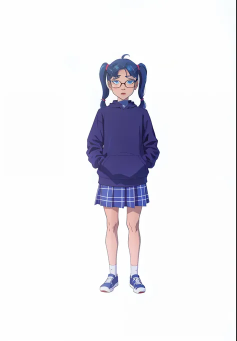 1girl with dark blue hoodies and skirt, using glasses, blue eyes, twin tail, white skin, dc comic style, comic style,