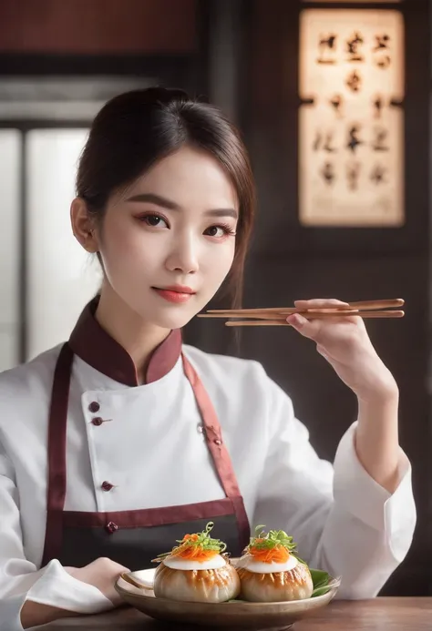 steamy banh bao served by a beautiful waitress who loves to serve, cinematic, professional photography, studio lighting, studio background, advertising photography, intricate details, hyper-detailed, ultra realistic, 8K UHD