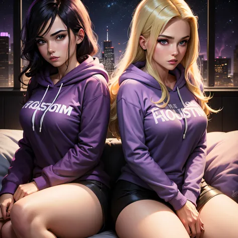 graphic novel style, houston texas, night time, sitting, pillow, purple smoke, two beautiful crime fighting models, one blonde, one dark haired, 23 years old, back to back, wearing hoodies, skirts