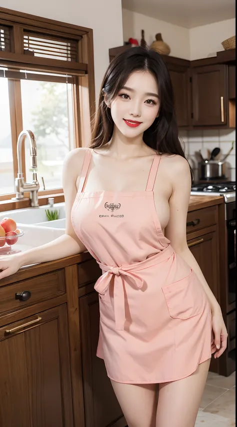 best quality, 4k, 8k, Detailed faces, beauty girl, Korean makeup, Red lips, laugh, perfect body, big breasts, thigh, Naked girl, naked, wear only 1 apron, patterned apron, The outer apron covers the body, View of the kitchen,