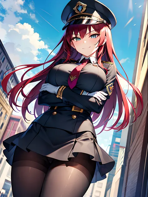 Highly detailed and realistic CG, Colorful, Masterpiece, Best Quality, jewel-like eyes, 1girl, solo, cute girl, red hair, shiny hair, midium hair, black military suits, black military cap, black elbow gloves, black pantyhose, amber eyes, necktie, brown mil...