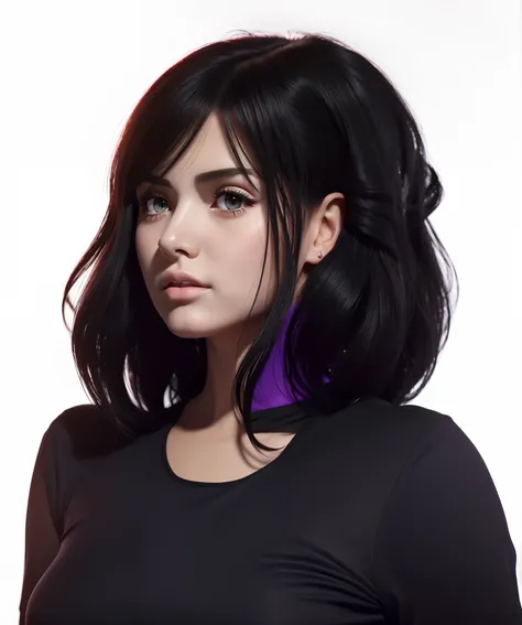 mikasa ackerman, Girl with black hair and purple eyes in black shirt, realistic anime style, realism style, Realistic young girl, semi-realistic , render of april,  17 years old - gothic girl, black  hair, Highly detailed hair texture