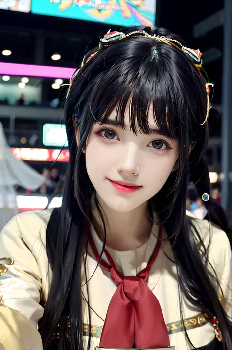 In entertainment venues，a 18 years old beautiful girl，Her long black hair was tied into braids，Wearing a headdress，Wearing Hanfu，