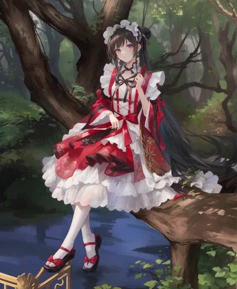 a close up of a woman in a dress sitting on a tree branch, a maid in a magical forest, lolita fashion, loli in dress, palace ， a girl in hanfu, lolita style, sakimi chan, rococo dress, loli, fantasy style clothing, a sexy maid in a magical forest, anime gi...