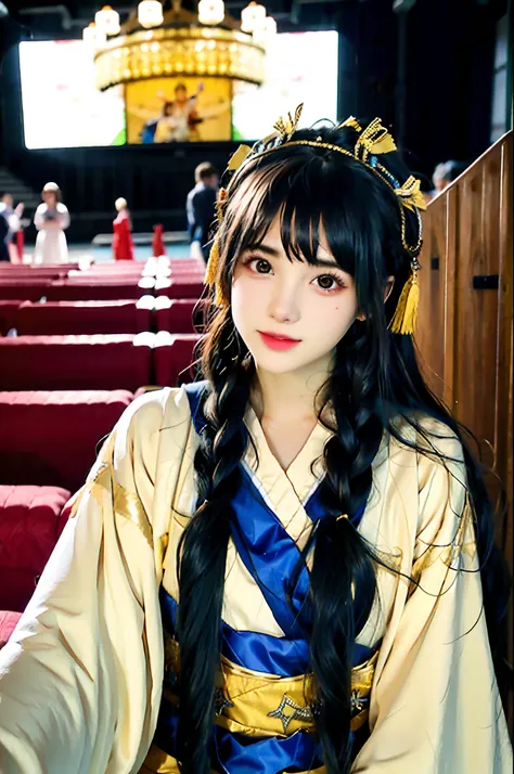 In entertainment venues，a 18 years old beautiful girl，Her long black hair was tied into braids，Wearing a headdress，Wearing Hanfu，