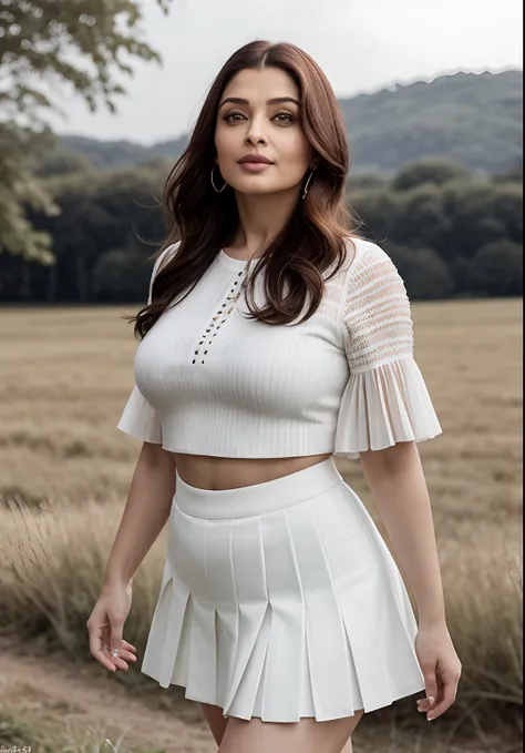 49yo MILF Aishwarya Rai Bachchan, white micro mini knife pleated skirt and crop top, heeled ankle boots, ponytail tied hair, erotica, bright sunny day scene, athletic curvy milf body, posing in meadow, hourglass milf figure, big breasts, seductive expressi...