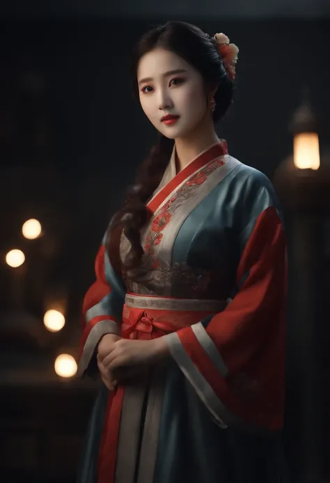 (8k, RAW photo, best quality, masterpiece:1.2), (realistic, photo-realistic:1.37),1girl, night, professional lighting, photon mapping, radiosity, Korean Doll, long traditional dress, grey background