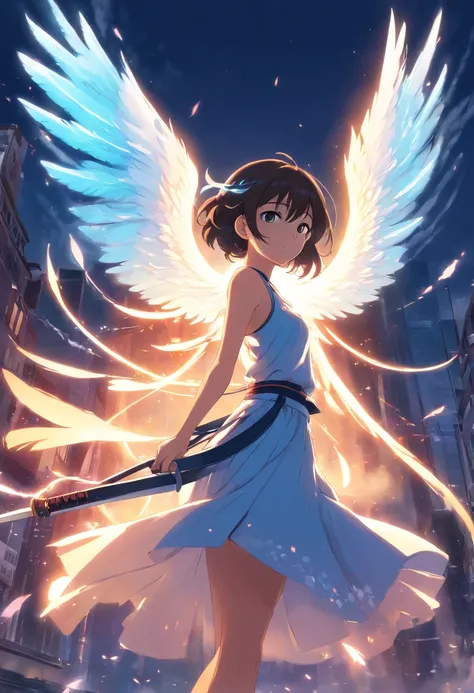 Beautiful noble lady with ethereal wings and using dual katana