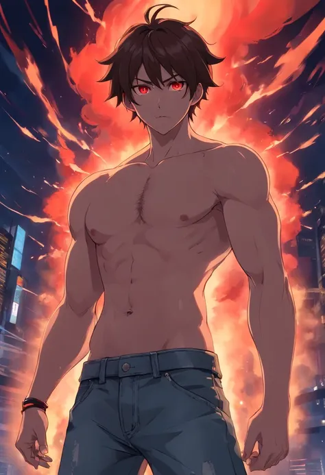 masterpiece, best quality, 1man, mad demon, face to face, black smoke around, silhouette, red aura, red eyes,  glowing eyes, small horns, red horns, no shirt, muscular, ripped, red lightning, glowing lightning, brown hair, dark grey jeans, abs,