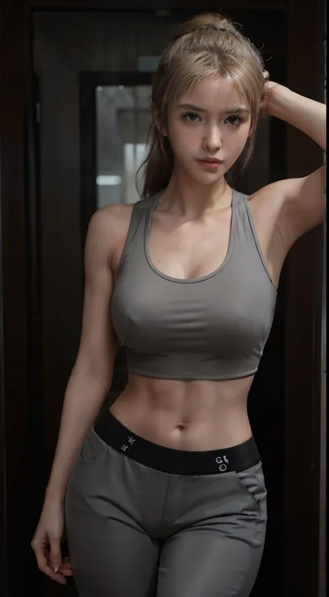 blond woman in a gray tank top and black pants posing for a picture, girl cosplay, realistic cosplay, ig model | artgerm, quiet from metal gear solid, anime girl in real life, ruan jia and artgerm, cute girl wearing tank suit, full-cosplay, as overwatch ch...