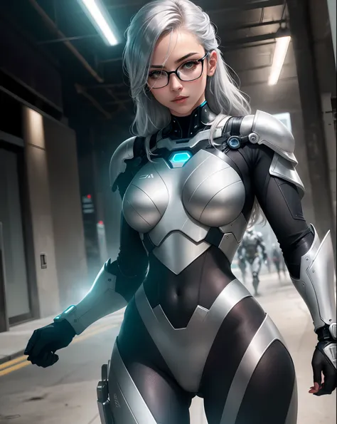 a close up of a person in a black suit and glasses, cyber suit, cybersuit, stealth suit, black undersuit, cybersuits, in spandex suit, clothed in stealth armor, hev suit, cyborg - girl with silver hair, combat suit, with a light leather armor, diverse cybe...