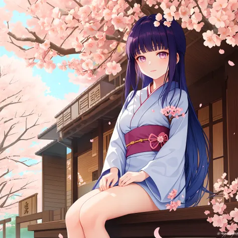 tmasterpiece，best qualityer，1girll， hyuga hyuga， do lado de fora， sun light， Tile wood painting，Under the cherry blossom trees，Fluttering cherry blossoms，low-saturation，long baby blue hair，White eyes，Wearing a kimono，The upper part of the body