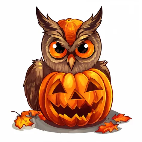 a cartoon owl sitting on top of a pumpkin with a jack o lantern, in a halloween style, halloween, cute owl, an owl, halloween celebration, 🍂 cute, halloween art style, halloween theme, glowing owl, with a cute fluffy owl, jack - o- lantern, owl wearing bla...