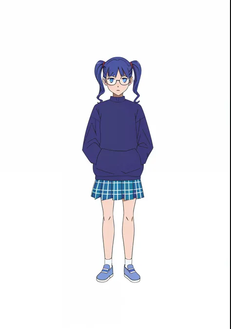 cartoon girl in a blue sweater and plaid skirt with glasses, single character full body, full body single character, young anime girl, nagatoro, flat anime style, anime full body illustration, anime moe artstyle, magical school student uniform, an anime gi...