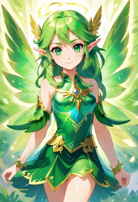 Fairy, iridescent green wings, armor made of iridescent green crystal, green hair and eyes, glowing with power, masterpiece, best quality