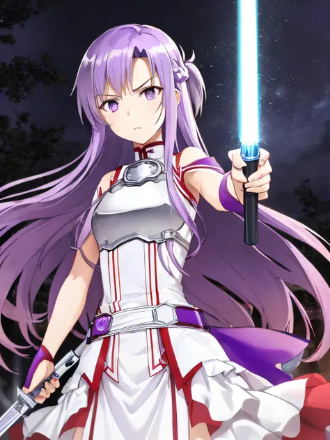 An ultra-high picture quality、(​masterpiece)、[[3D images:1.25]]、(top-quality:1.2)、Sword-wielding girl, Solo, Singhati, Serious, Grip the purple lightsaber, Fighting stance, illustratio、Red and white attire、full-body view,best pictures,Close up of Asuna Yuu...