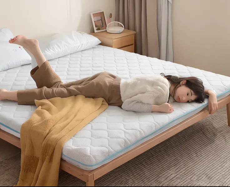 The Arad woman lay on a mattress in her bedroom，There were blankets, bed is not made, designed for cozy aesthetics!, Bed, zun, Lie down in bed, miko, aokan, nanquan, very cozy], un made bed, sleep, soft - warm, kantoku, while posing in the same bed, small ...