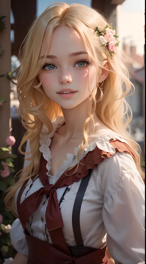 Full portrait photo from below of a beautiful 18-year-old girl with golden hair, posing next to a trellis of French roses, "Blue eyes, round breasts, bright toothy smile, slim waist, long white legs na..."