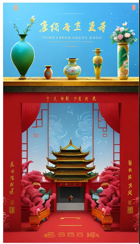 There is a poster，There are pictures of vases and other items on it, chinese surrealism, inspired by Min Zhen, inspired by Lu Guang, lying a throne in a fantasy land, background depicting a temple, inspired by Cao Buxing, inspired by Chang Dai-chien, Chine...