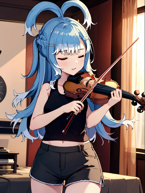 wearing black tanktop, black hotpants, holding the violin, closing eyes, inside room