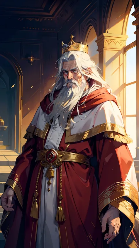 (((((male))))), masterpiece, ultra detailed, 8K Portrait, Raw photo, a portrait photo of, Highly detailed face, ((Fantasy)), (((old man))), (((king))), ((crown)), wears a lot of jewelry, white long wavy hair, strong beard, (((gold silk long cloak))) Flutte...