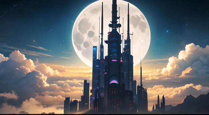 A beautiful shiny interstellar city in the clouds surrounded by clouds under a full moon| It is a stunning screensaver| The city is a space port city| It is absolutely outstanding| The city looks like something out of a science fiction movie